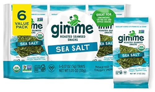 Gimme Seaweed Organic Premium Roasted Seaweed Snacks, Sea Salt, 6 Count, Keto, Vegan, Gluten-Free, Great Source of Omega3s and Iodine, Healthy On-The-Go Snack for Kids and Adults
