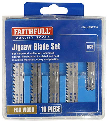 Faithfull FAIJBSET10 Jigsaw Blade 10 Piece Set For Wood. Includes: Fast, Clean, Anti Splinter and Curved Cutting Blades