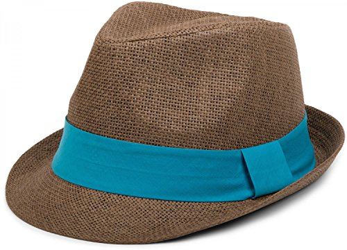 styleBREAKER Trilby Strohhut Zierband, Umfang 58 cm,Braun/Türkis