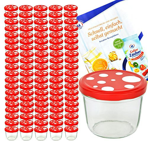 MamboCat 100er Set Sturzglas 230 ml to 82 Fliegenpilz Deckel rot weiß gepunktet incl. Diamant Gelierzauber Rezeptheft Marmeladenglas Einmachglas Einweckglas