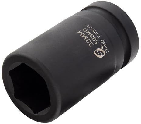 SUNEX TOOLS 533MD, 1 Inch Drive, 33mm Deep Impact Socket, Cr-Mo Steel, Radius Corner Design, Chamfered Opening, Dual Size Markings