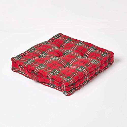 Homescapes Bodenkissen Schottenkaro Edward – rot-grün Kariertes Sitzkissen 50x50 cm aus Baumwolle mit Tragegriff, Oeko-Tex Matratzenkissen, Sitzerhöhung für Stuhl, Sessel & Gartenbank