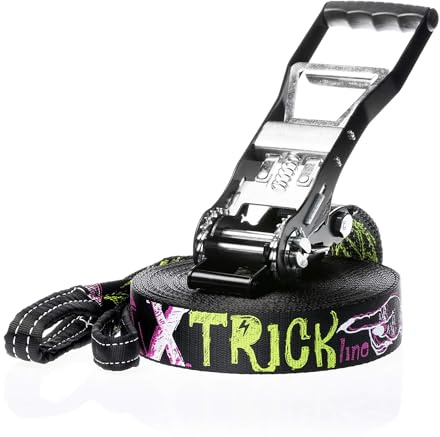 SPIDER SLACKLINE TKS03 - Kit Slackline Trick Line per Salti, Camminata e Freestyle - Contiene un Cricchetto, una Linea di 25 Metri, Due Protezioni Albero, e una Sling Bag - Materiali di Alta Qualità Garantiscono Massima Aderenza alla Fettuccia per gli Slackliners - Set Completo Lunghezza 25m