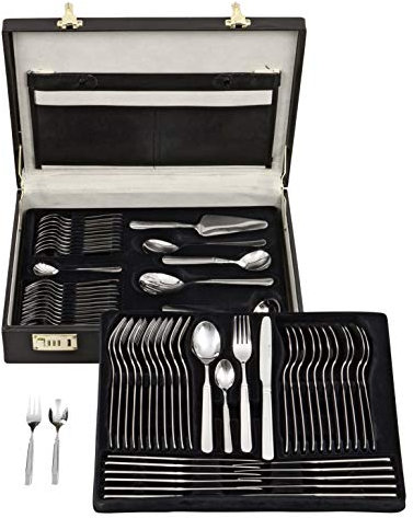 GRÄWE Besteckkoffer für 12 Personen, 68-teilig aus Edelstahl, Besteck Set inkl. Koffer mit Tafelbesteck & Tortenheber, handpoliert, spülmaschinengeeignet - Serie Leipzig