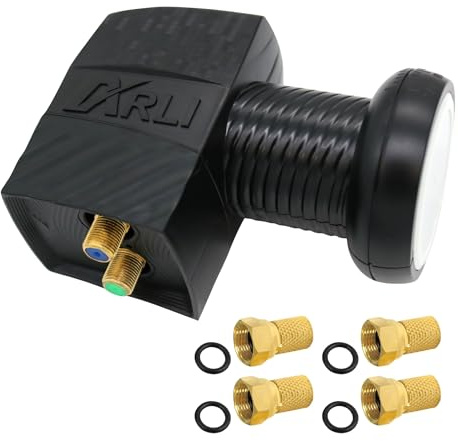 ARLI UHD Twin LNB + 4 F Stecker vergoldet HQ Sat Digital 4K 0,1 dB Ultra HD 2 Fach Teilnehmer Receiver Gold Anschluss ausziehbare Wetterschutz Universal Lmb Anlage Satelliten Antenne High Qualität