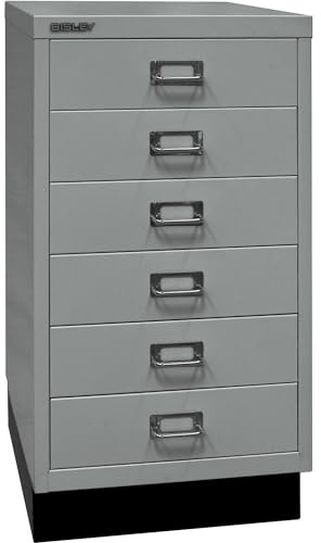 BISLEY MultiDrawer, 29er Serie mit Sockel, DIN A3, 6 Schubladen, Metall, 355 Silber, 43.2 x 34.9 x 67 cm | Mit Sockel, DIN A3, 6 Schubladen, silber, schwarz