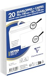 Clairefontaine 7699C - Combiné de 20 Enveloppes Blanches 90x140mm Auto-Adhésives 90g/m² + 20 Cartes Bristol Blanches 82x128mm 220g/m²
