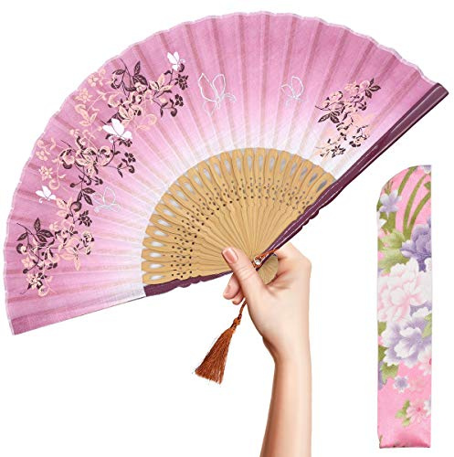 OMyTea 'Morning Glory' Faltfächer für Frauen, japanischer/chinesischer Vintage-Retro-Stil, mit einem Stoffbeutel zum Schutz rot