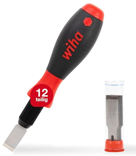 Wiha Universalschaber Set SoftFinish® 12 teilig I mit 10 Ersatzklingen, 13 mm breit I Entfernen von Farbresten, Etiketten, Kleberesten usw. (26920)