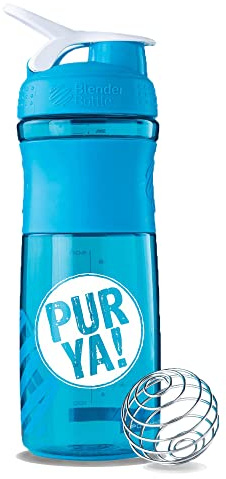 Purya! SHAKER, Fitness-Trinkflasche für Protein-Shakes und Sport-Drinks, optimales Mischen dank Blender-Ball, BPA-frei und bruchsicher, Aqua, 828ml