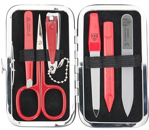DREI SCHWERTER - Germany 6-tlg. Maniküre Set 'Catania' Nagelset mit Hautschere, Nagelknipser, Pinzette, Saphirnagelfeile, Glasnagelfeile, Nagelreiniger im Rahmenetui - rot/rote Instrumente