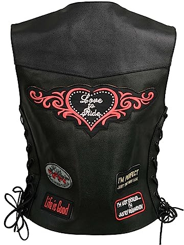 EVENT LEATHER ELL4900 Damen-Lederweste 'Love to Ride'. Motorrad-Patches, gestickt, mit seitlicher Schnürung, Schwarz, Größe XS