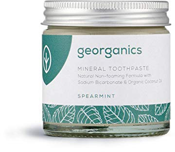 Georganics Mineral Toothpaste - 60ml - Spearmint Flavour - Fluoride, SLS & Glycerine Free - Non-Foaming Natural Toothpaste with Virgin Coconut Oil - Certified Cosmos, Vegan and Cruelty-Free