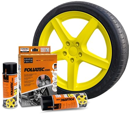 Foliatec Sprühfolie Auto Felgenfolie Sprüh Lack Set für 4 Felgen, Abziehbar, Gute Deckkraft, gelb glänzend, 2x 400ml