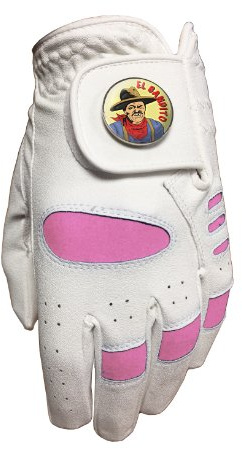 JUNIOR GIRLS PINK GOLF GLOVE. SIZE SMALL. EL BANDITO GOLF BALL MARKER.