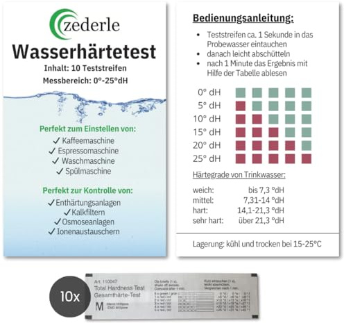Zederle (10 Stück) Wasserhärte Teststreifen Einzeln Verpackt, Versiegelt - Deutscher Härtebereich in dH°, Kalk Test, Gesamthärte - Für Trinkwasser, Pool, Teich, Aquarium