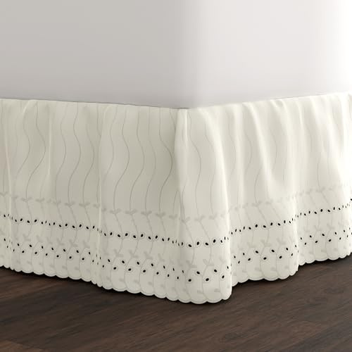 Fresh Ideas FRE30014IVOR02 Cache-sommier à Volants avec œillets et détails brodés, retombée de 35,6 cm, Style froncé, lit 2 Personnes, Ivoire -