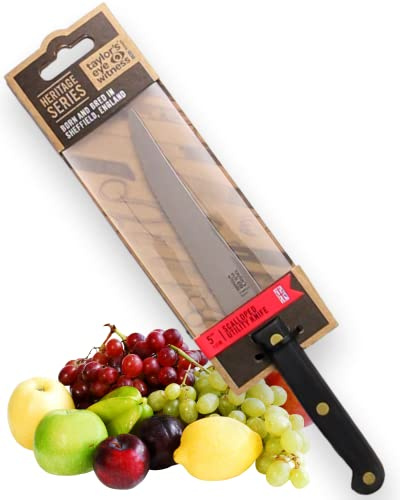 Taylors Eye Witness Made in England Heritage Range Scalloped Utility Knife - 14cm|5.5in High Carbon Stainless Steel Razor Sharp, Full Tang Blade. Hard Wearing Hand Finished, Triple Brass Rivet Handle