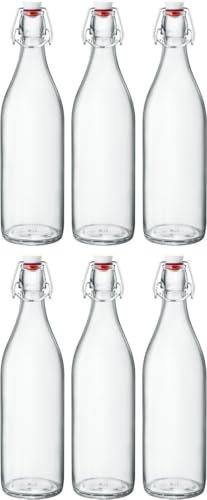 Bormioli Giara - Bottiglie di vetro con chiusura ermetica, 6 pezzi | Capacità: 1000 ml | Altezza totale: 26,5 cm | Perfette per olio, grappa o per servire acqua, succhi di frutta e vino