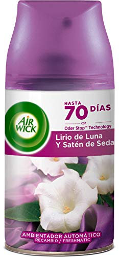 Air Wick Freshmatic - Recambio de Ambientador Spray Automático, Esencia para Casa con Aroma A, Negro, Lirio de Luna y Satén de Seda