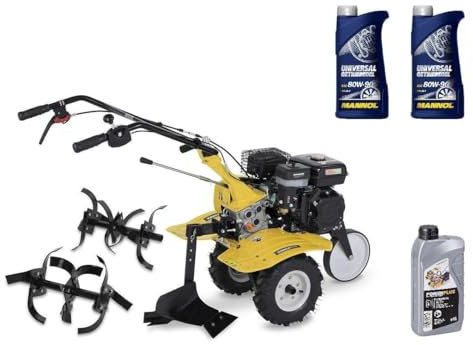 Fresa da giardino a benzina / motocoltivatore, 6 CV con aratro + 1 l di olio per motore + 2 l di olio del cambio