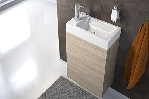 SAM Waschplatz Vega 40x22 cm, Sonoma-Eiche matt, Kleiner Waschtisch | Tür mit Push-Open-Funktion, kleiner Waschtisch, Waschbecken aus Kunststoff, Badezimmer