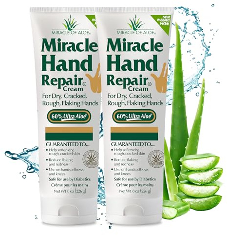 Miracle Hand Repair Cream for Dry Cracked Hands 8 oz Best Healing Hand Cream with 60% Aloe Vera - Non-Greasy Moisturizer for Working Hands - Fast Absorbing Lotion for Extremely Dry Skin (2-Pack)