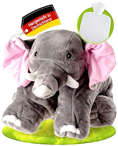 Hugo Frosch Wärmflasche Klassik 1,8l – Made in Germany – mit weichem Elefant-Kuschelkissen Grau – große, auslaufsichere & geruchsneutrale Bettflasche – langlebig & mit waschbarem Bezug