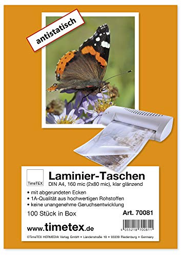 TimeTex Laminiertaschen DIN A4-2 x 80 mic/Mikron - klar - 100 Stück Laminierfolien - TimeTex 70081