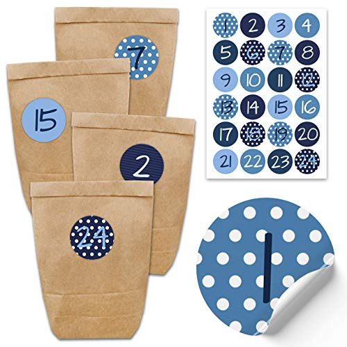 Papierdrachen Adventskalender zum Befüllen - mit 24 braunen Papiertüten und 24 blauen Aufklebern - zum Selbermachen und Basteln - Mini Set Nr 2 - Weihnachtskalender für Kinder