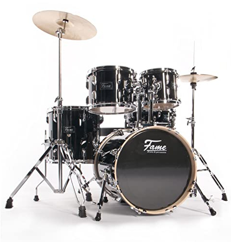 Fame Maple Standard Jungle Set, Ahorn Schlagzeug, 16 BassDrum, Schwarz, inklusive Hardware und Becken