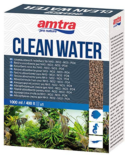 AMTRA CLEANWATER - Resina Assorbente per inquinanti organici (NH3 NO2 NO3 PO4) in acquari d'Acqua Dolce e Marina, Formato 1000 ml