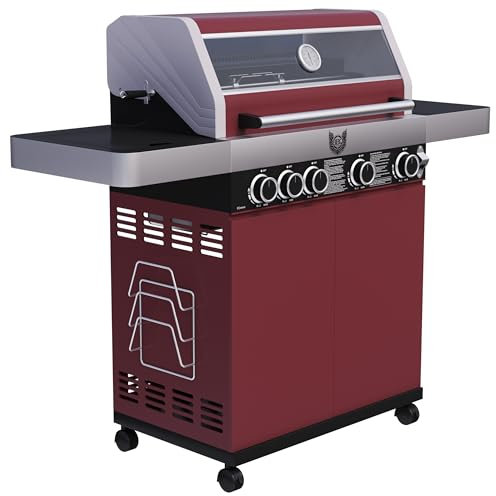 MAXXUS Gasgrill BBQ CHIEF 9.0-4 Edelstahl Brenner + Seitenbrenner, 14 kW, Warmhalterost, Gussrost, Deckel mit Thermometer, Fettauffangwanne, Rot - Grillwagen, Balkongrill, Outdoor BBQ-Grill