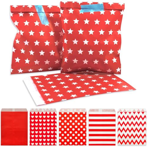 Frau WUNDERVoll® 25 PAPIERTÜTEN ROT, STERNE 13 x 16,5 cm, 45 Gramm Papier, flach/Candy Bar, Hochzeit, Kindergeburtstag, Papiertütchen, Candybag, Tüten, Mitgebseltüten