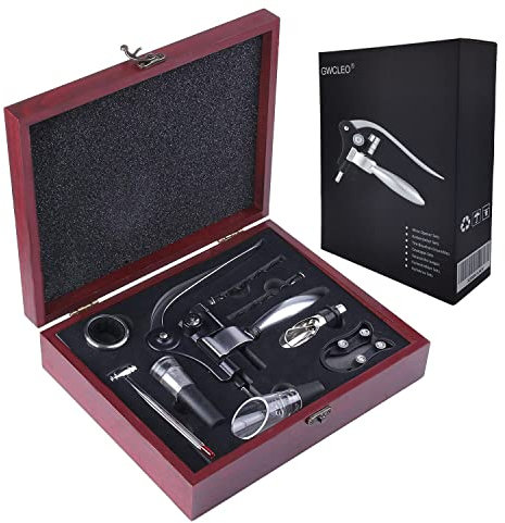 GWCLEO Sacacorchos, 9 Piezas Manual Abrebotellas de Vino, Juegos de Accesorios para Vino con Abridor, Aireador, Cortacápsula, Bomba, Recogegota, Termómetro, Espirales del Repuesto, Tapon y Vertedor