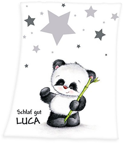 Babydecke mit Namen personalisiert - Motiv Panda - Besticktes Geschenk für Mädchen und Junge