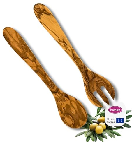 homiez Salatbesteck aus hochwertigem Olivenholz optimal als Servierlöffel für Salate- kein Salatbesteck mehr aus Kunststoff - Holz Besteck, Küchenutensilien Holz, Salatgabel und Salatlöffel aus Holz