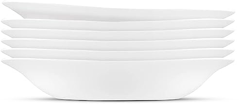 Bormioli Rocco Parma Set Of 6 Pasta Bowls And Soup Plates, 8.75 Inch Tempered Opal Glass, Clean White, Linear & Curved Design, Dishwasher Safe, Made In Spain.