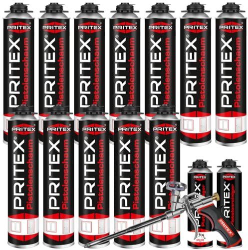 PRITEX – Bauschaum MEGA Set aus 12 x 750 ml Pistolenschaum Inkl. 2 x Pistolenreiniger 500 ml und Schaumpistole – Montageschaum zum Verfüllen, Dämmen & Abdichten