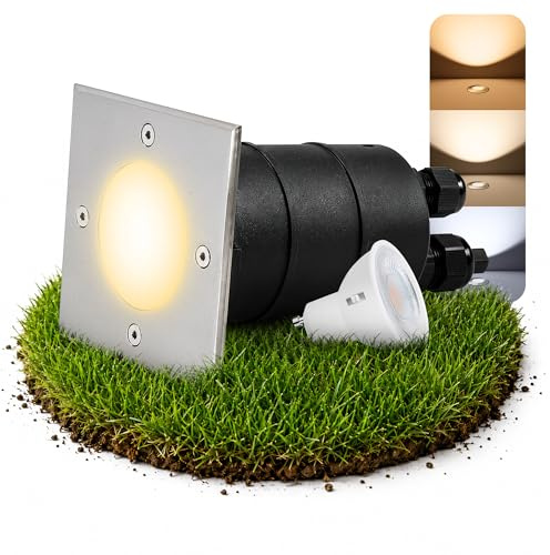 SSC-LUXon MADON Bodeneinbaustrahler eckig IP67 GU10 5W 3 Lichtfarben | Befahrbarer Bodenspot für Wege, Terrasse & Eingang - satiniertes Echtglas, inkl. Leuchtmittel 3-farbig, Front 110x110mm