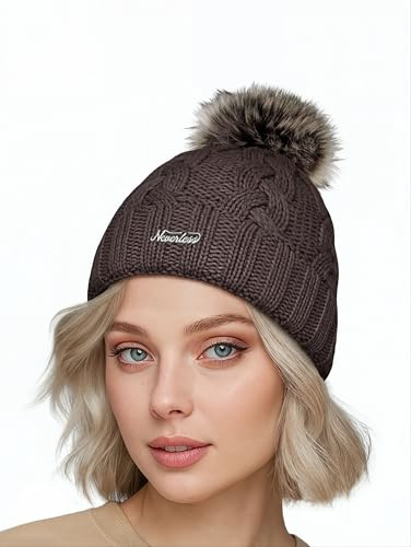 Neverless® Damen Strickmütze Zopfmuster Fleccefutter Bommelmütze Pudelmütze Wintermütze Accessoires Herbst Winter Model 2213 Braun Unisize