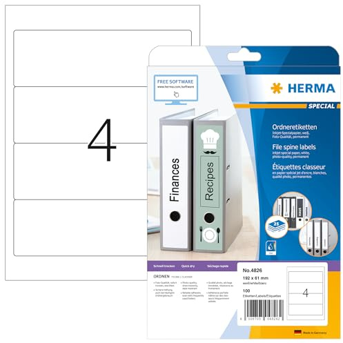 HERMA 4826 mappetiketter för bläckstråleskrivare A4 kort/bred (192 x 61 mm, 25 ark, papper, matt) självhäftande, utskrivbara, permanenta mappa ryggetiketter, 100 filetiketter, vit