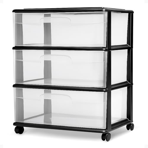 HOMZ Drawer Tower, 3-Tier Wide Clear Plastic Storage Organizer Cart, Black Frame - Organizing Containers with Wheels for Home, Bathroom, Bedroom, Office, and Classroom