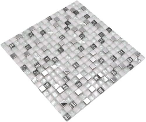 Mosaik Quadrat Crystal/Edelstahl mix weiss/Glas Glasmosaik Transluzent Transparent 3D, Mosaikstein Format: 15x15x8 mm, Mattengröße: 300x300 mm, 1 Matte