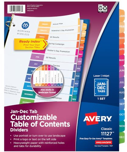Avery Jan-Dec Dividers for 3 Ring Binders, 12 Tabs per Set, Customizable Table of Contents, Multicolor Tabs, Great for Organizing Reports, Projects, and More (11127)