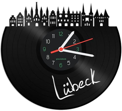 GRAVURZEILE Schallplattenuhr - Skyline Lübeck - Wanduhr aus gegossenem Vinyl mit Stadt Skyline 30 cm - Upcycling Designer Uhr - Moderne Wanduhr im Retro Vintage Style - Made in Germany