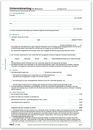RNKVERLAG 520/10 - Untermietvertrag für Wohnräume, DIN A4, 10 Verträge