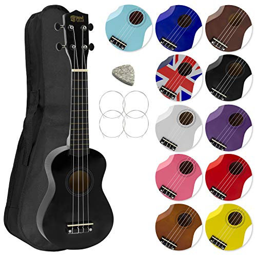 Mad About SU8-BK Sopran-Ukulele in Schwarz mit einer GRATIS Gigbag, Pick und Ersatzsaiten - großartig für Schulen und Anfänger, 56 x 20 x 8 cm