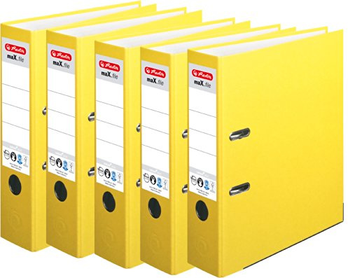 HERLITZ Ordner maX.file nature+ A4 8cm | Kraftpapierbezug selbstklebendes Rückenschild | 5er Sparpack in diversen Farben zur Auswahl (breit 8cm, gelb, 5er Pack)