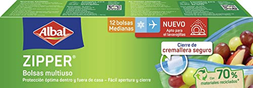 Albal Bolsas multiuso Zipper - Bolsas para comida herméticas, porta alimentos con cremallera para congelar, transportar y conservar alimentos, bolsas para líquidos del avión, 12 unidades medianas